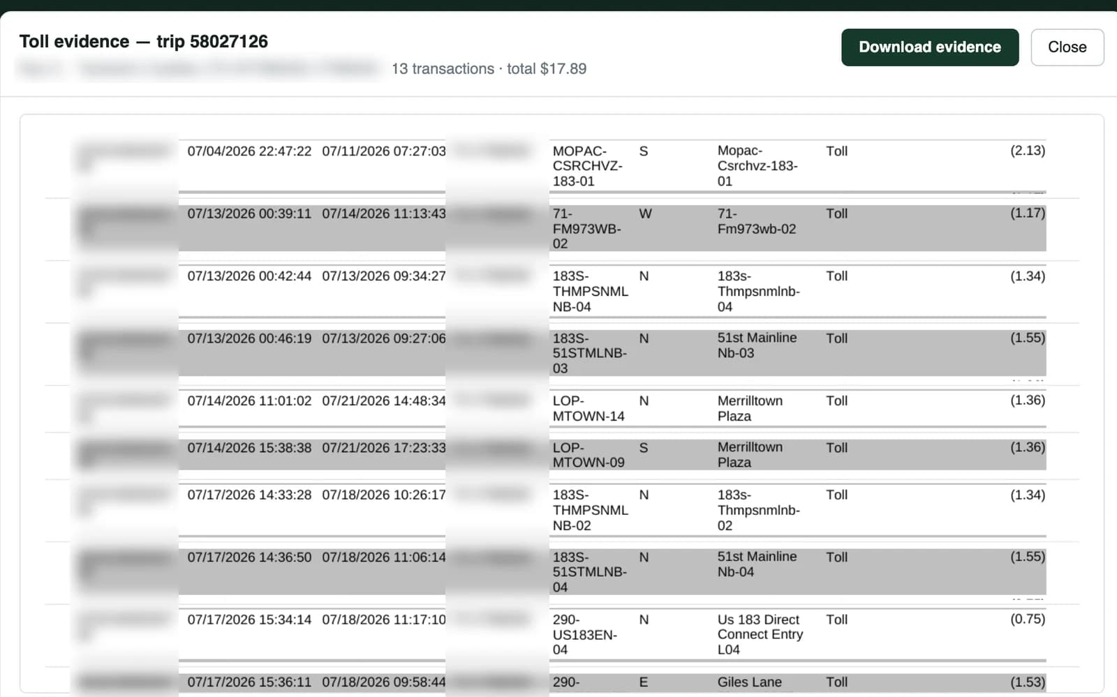 FleetReclaim evidence view highlighting the original toll statement rows for a trip