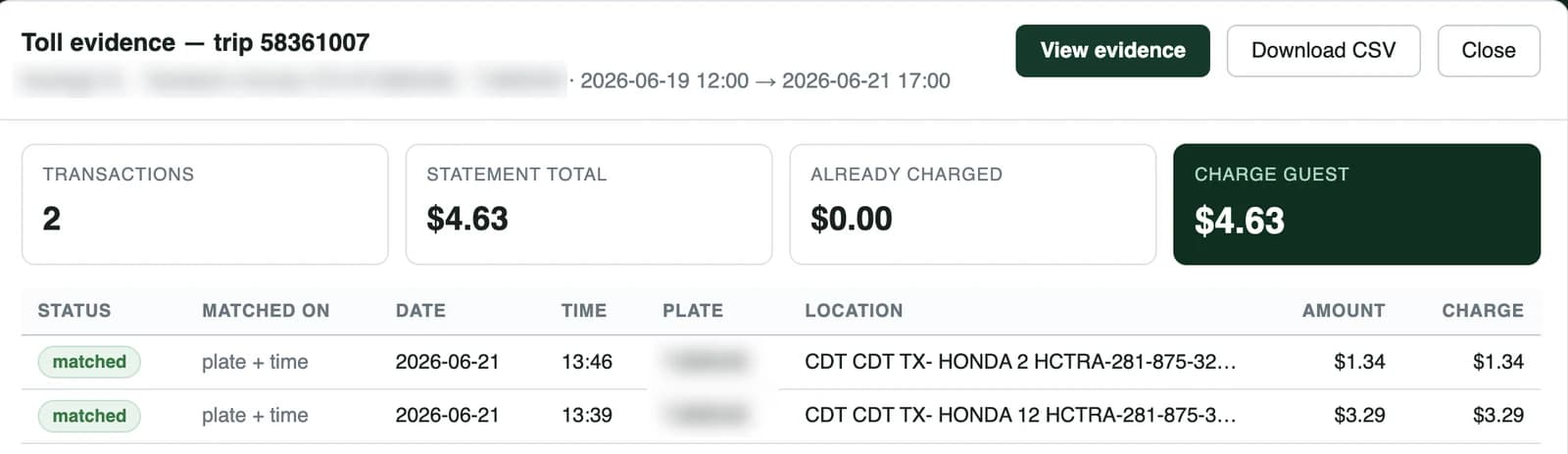 FleetReclaim toll evidence for a trip, listing each matched transaction with plate, date, time, location and amount
